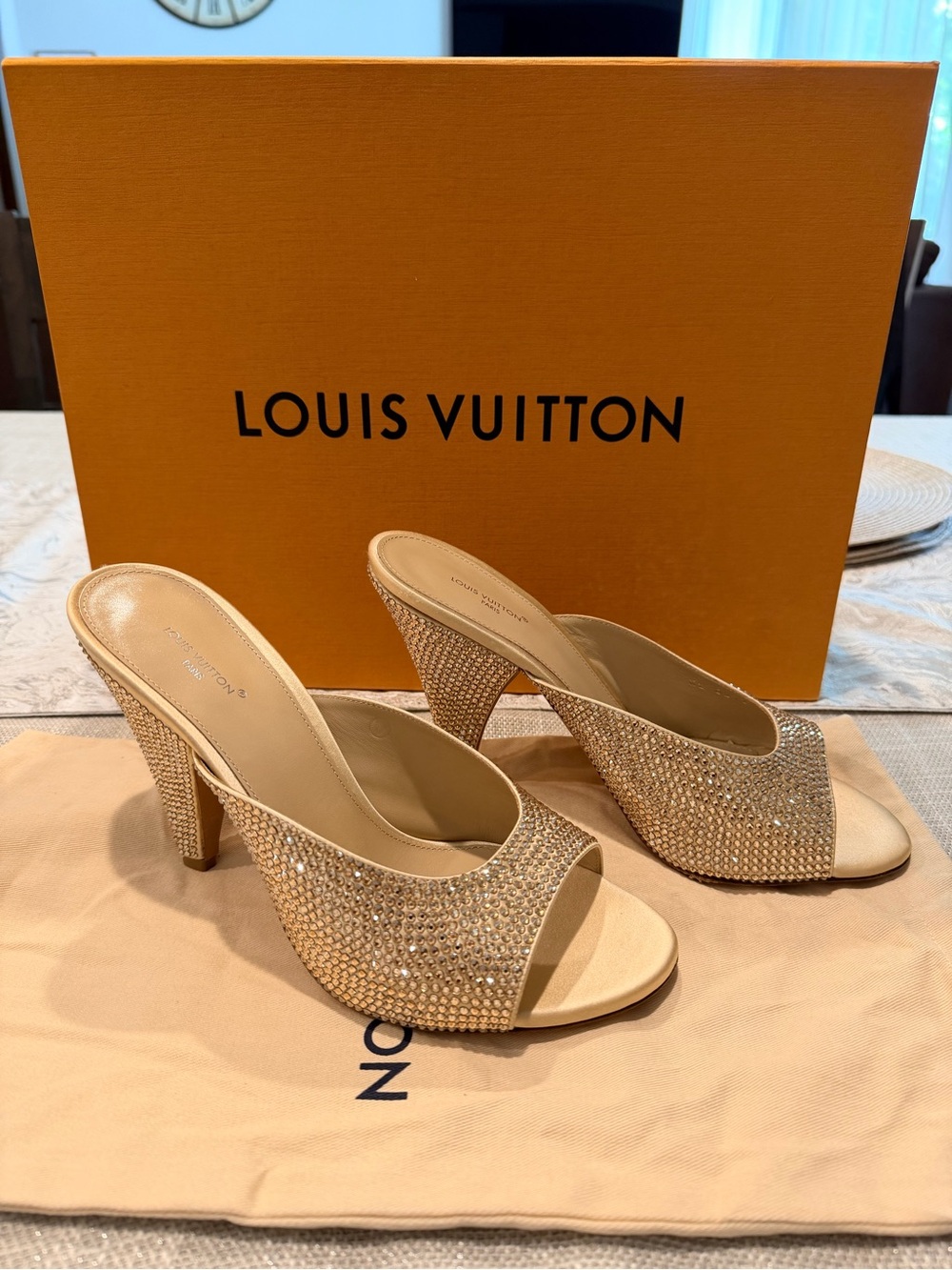 Louis Vuitton Gold Crystal Embellished Open-Toe Heels
